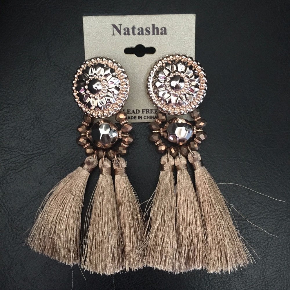 Natasha Gold Crystals & Tassels Earrings Lead Free